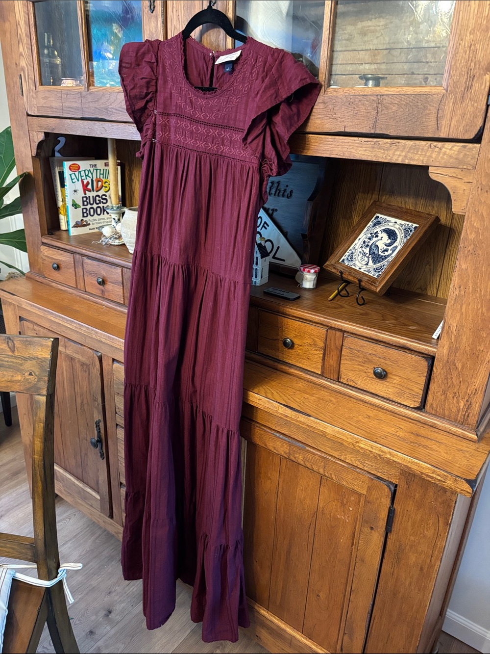 Wine Red Tiered Maxi Dress with Embroidered Yoke